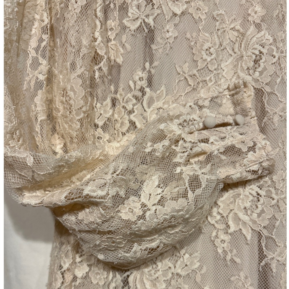 Victorian Beige Floral Lace Ruffle Mock Neck Long Sleeve Blouse Medium Tank - Picture 2 of 8